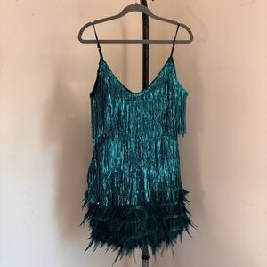 Teal sequin and feather mini dress with adjustable straps